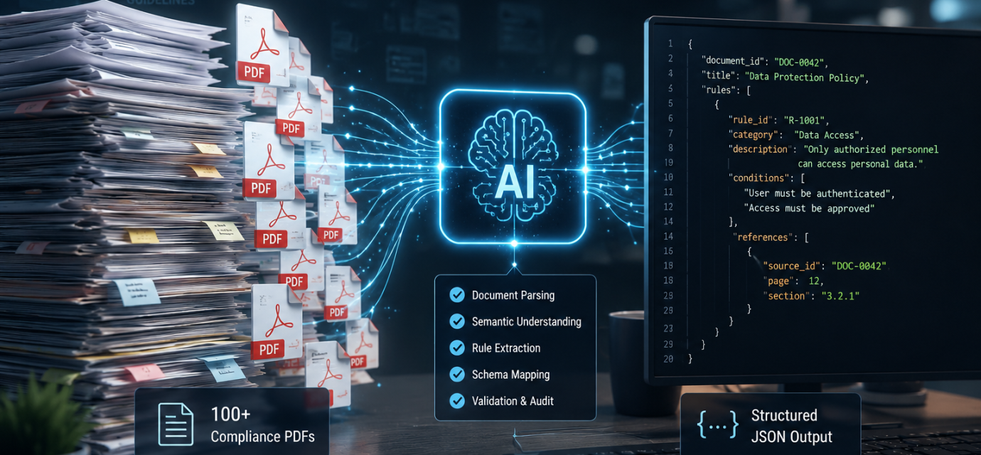 AI Data Extraction Pipeline transforming compliance PDF documents into structured JSON data through automated document processing