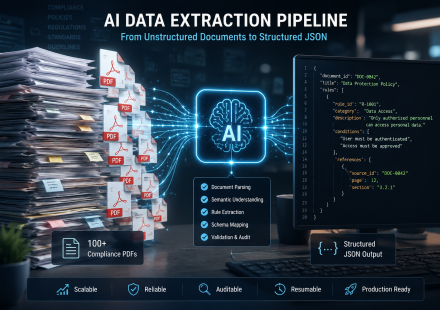 AI Data Extraction Pipeline transforming compliance PDF documents into structured JSON data through automated document processing