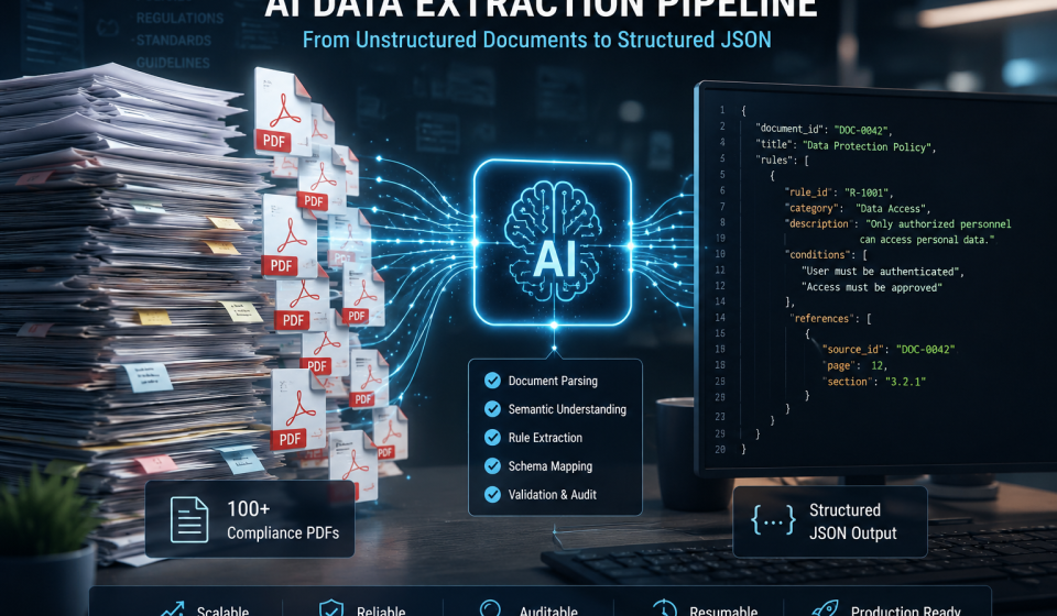 AI Data Extraction Pipeline transforming compliance PDF documents into structured JSON data through automated document processing